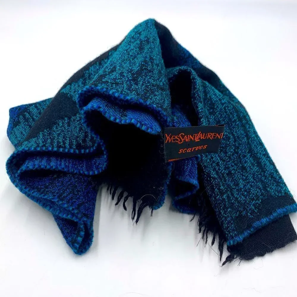 Auth Vtg Blue Green Black Abstract Yves Saint Laurent 70s Shawl Scarf. Pristine